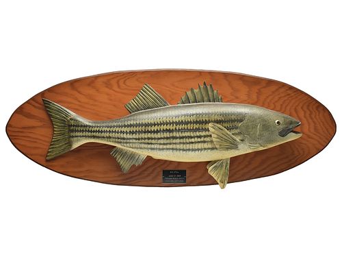 Rare striped bass fish plaque, Lawrence Irvine, Winthrop, Maine.