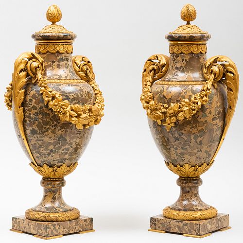 Fine Pair Louis XVI Style Ormolu-Mounted Scagliola Covered UrnsÂ 