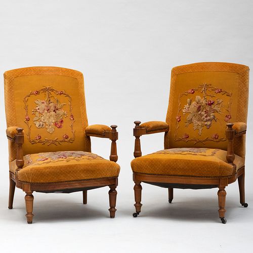 Pair of Continental Walnut Upholstered Armchairs
