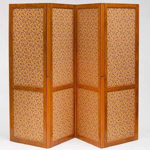 French Four-Panel Burl Birch and Upholstered Screen, designed by Peter Marino
