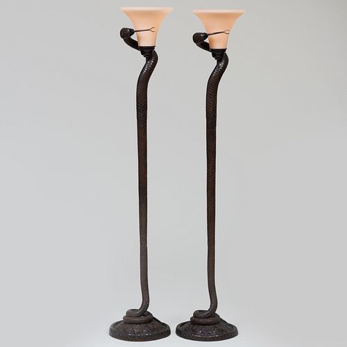 Pair of Art Deco Style Bronze and Glass Floor Lamps, in the Manner of Edgar Brandt