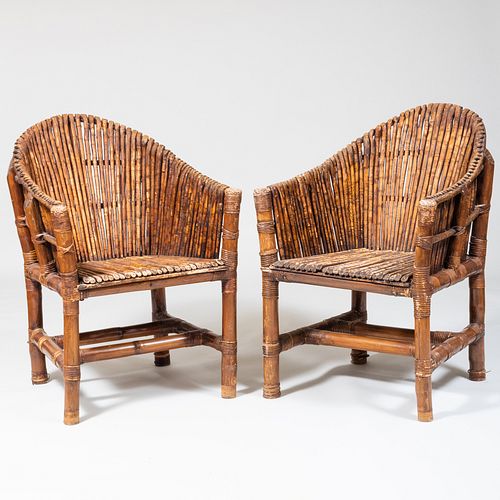 Pair of Vintage Reed-Mounted Bamboo Horseshoe-Back Armchairs