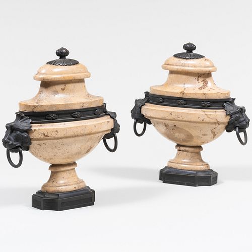 Pair of Continental Bronze-Mounted Marble Urns