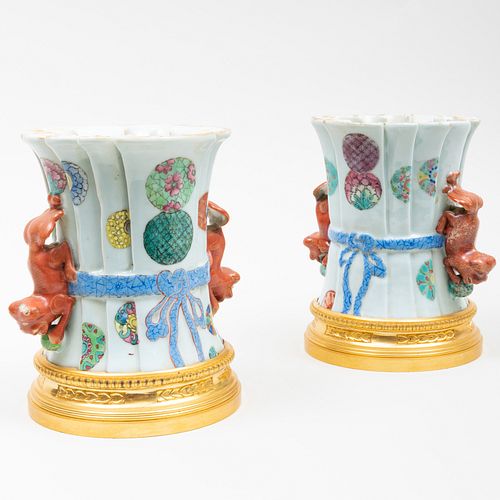 Pair of Chinese Gilt-Metal-Mounted Celadon Ground Porcelain Vases