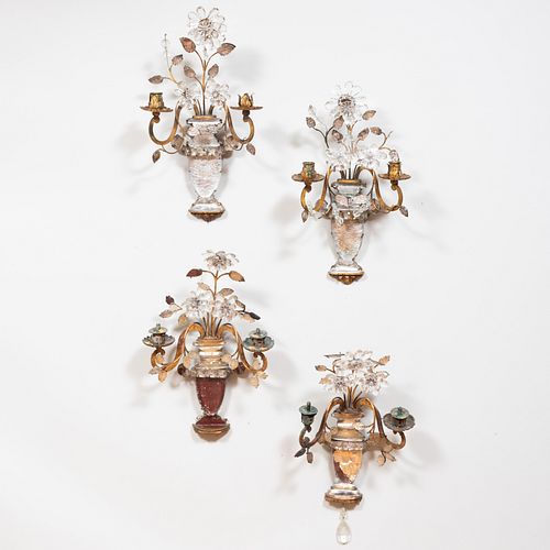 Two Pairs of Gilt-Metal and Glass Two-Light Sconces, In the Manner of Bagues