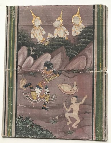 19th c. Indian r Southeast Asian miniature Hunter/ Fishermen, 3 Gods, gouache and gilt