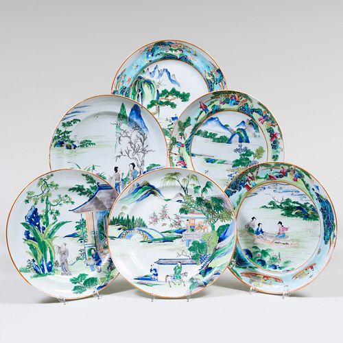 Group of Six Chinese Export Famille Verte Porcelain Plates with Figures in Landscapes