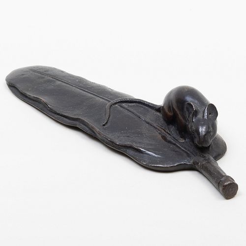 Japanese Bronze Model of a Mouse on a Feather