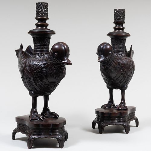 Pair of Chinese Bronze Bird Form Alter Sticks