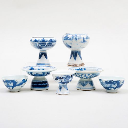 Two Vietnamese Stem Cups and Three Chinese Blue and White Porcelain Stem Cups and a Pair of Chinese Blue and White Porcelain Tea Cups