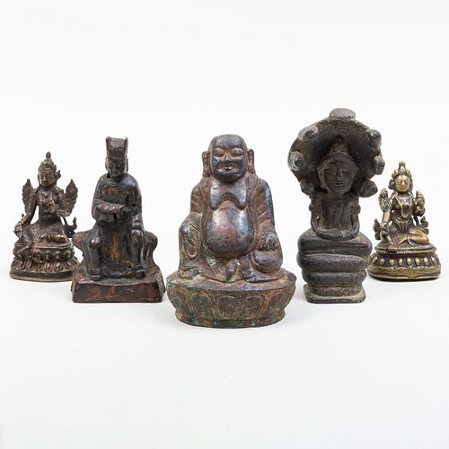 Group of Five South Asian and Chinese Cast Metal Figures of Deities