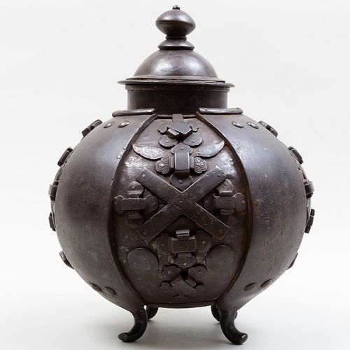 Asian Silver Inlaid Wrought Iron Vessel and Cover