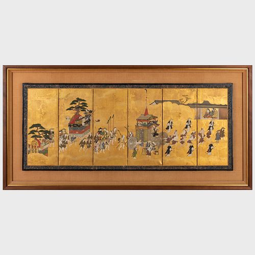 Japanese Miniature Six Panel Screen of Kyoto Gion Festival