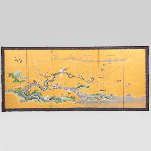 Japanese Six Panel Screen with Birds on Branches