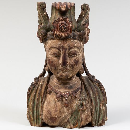 Chinese Polychrome Wood Bust of Bodhisattva