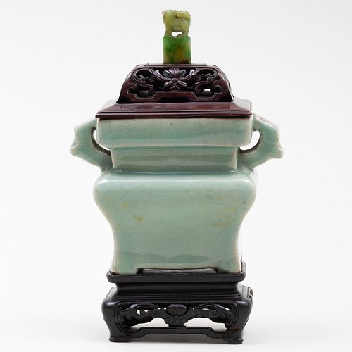 Chinese Celadon Glaze Censer with a Carved Wood Cover and Hardstone Finial