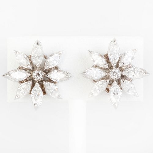 Pair of Asprey Platinum and 18k Gold and Diamond Floral Earrings