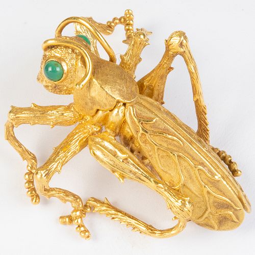 Kurt Wayne 18k Gold and Green Chalcedony Grasshopper Brooch