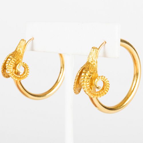 Pair of 18k Gold Ram's Head Hoop Earrings