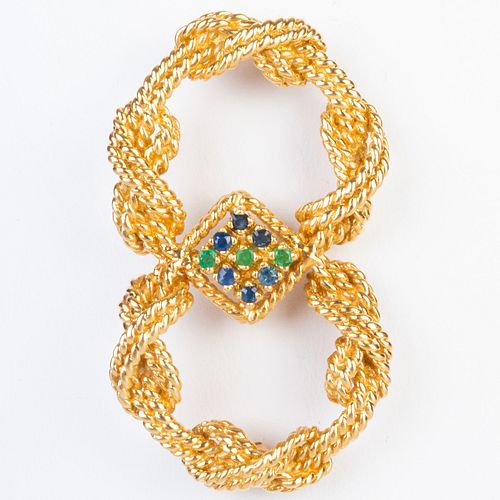 14k Gold Braided Brooch Set with Sapphires and Emeralds