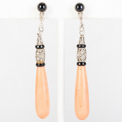 Pair of Platinum, 14k Gold, Coral, Onyx and Diamond Earclips