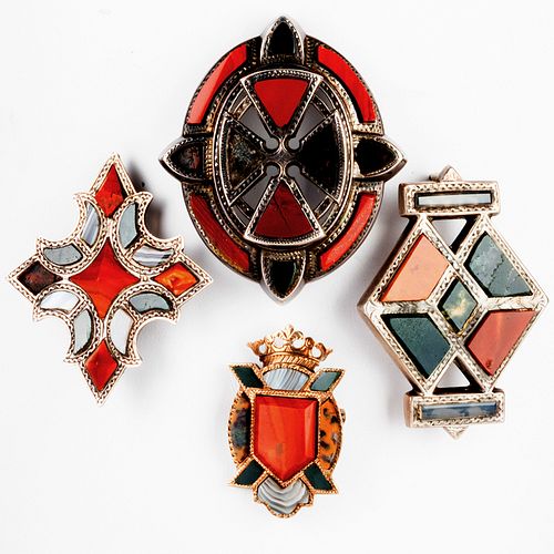 Group of Four Scottish Silver, Bloodstone, Agate and Sard Brooches