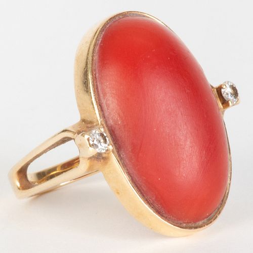 14k Gold, Coral and Diamond Ring