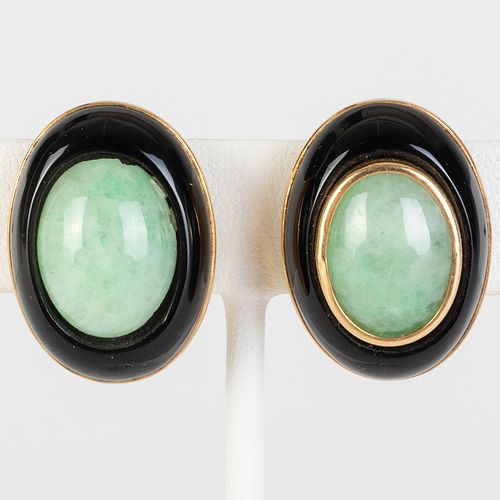 18k Gold, Jade and Onyx Earclips