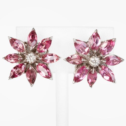 Pair of 18k White Gold, Pink Tourmaline and Diamond Earrings