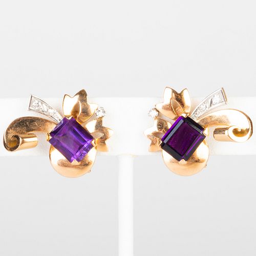 Pair of 14k Gold, Amethyst and Diamond Bow Earclips