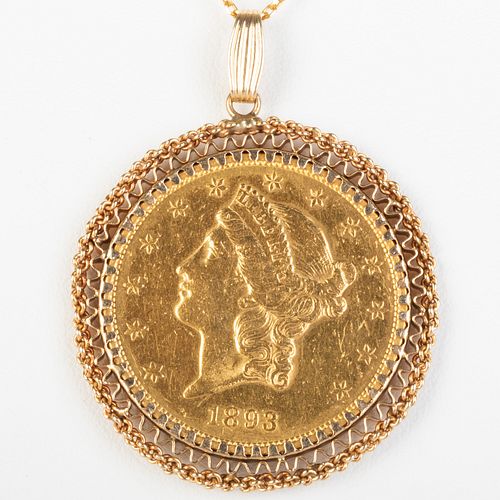 1893 United States Twenty Dollar Gold Coin Pendant