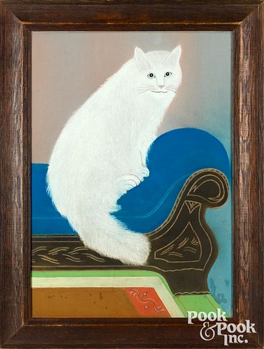 American pastel of a white cat, ca. 1840
