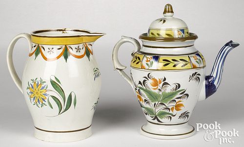 Pearlware coffee pot and pitcher, early 19th c.