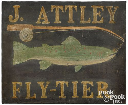 Painted tin fishing trade sign, early 20th c.