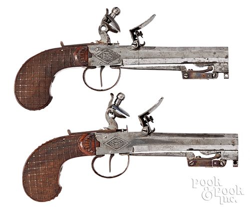 Pair of Belgian nickel plated flintlock pistols