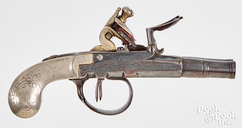 English double barrel flintlock pocket pistol
