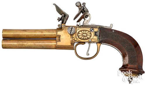 French double barrel flintlock pistol