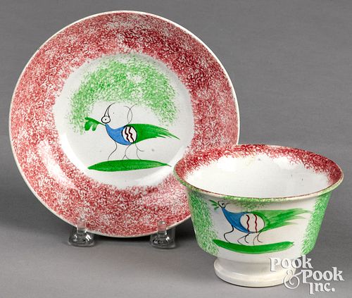 Red and green spatter cup and saucer