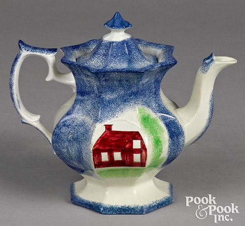 Blue spatter schoolhouse teapot