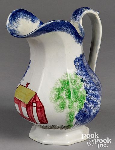 Blue spatter pitcher, with schoolhouse