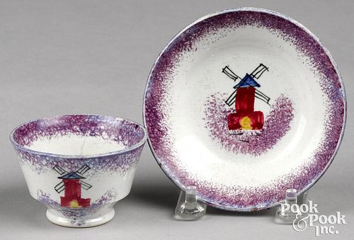 Miniature purple spatter windmill cup and saucer.