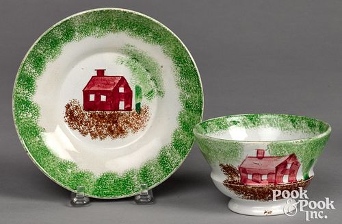 Green spatter schoolhouse cup and saucer.