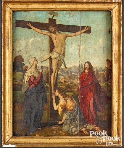 Spanish, 16th c. oil on panel of the Crucifixion