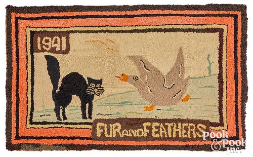 Fur and Feathers hooked rug, dated 1941