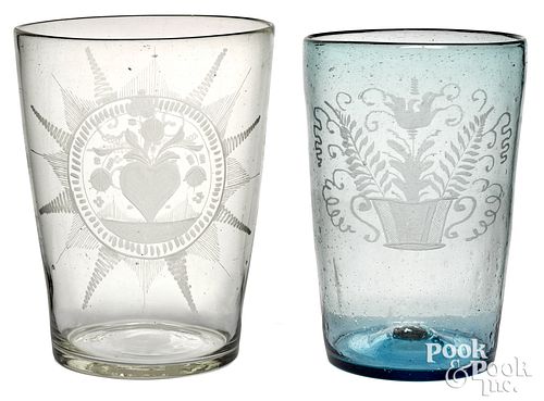 Two Stiegel typed etched glass flips, early 19th c