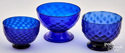 Three Stiegel type cobalt glass open sugar bowls