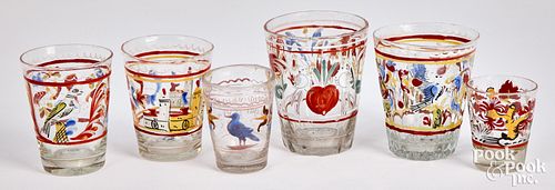 Six Stiegel type enameled cups, 19th c.