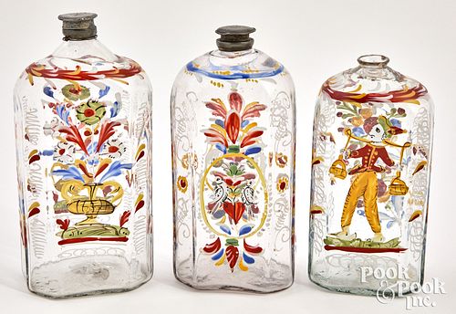 Three Stiegel type enameled bottles, 19th c.