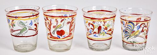 Four Stiegel type enameled cups, 19th c.