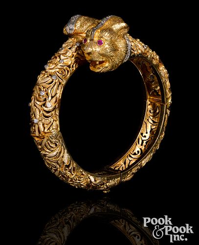 18k yellow gold, ruby, and diamond bangle bracelet